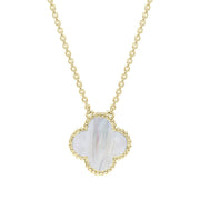 18ct Yellow Gold WHITE MOP Bloom Large Four Leaf Clover Ball Edge Chain Necklet, N1043