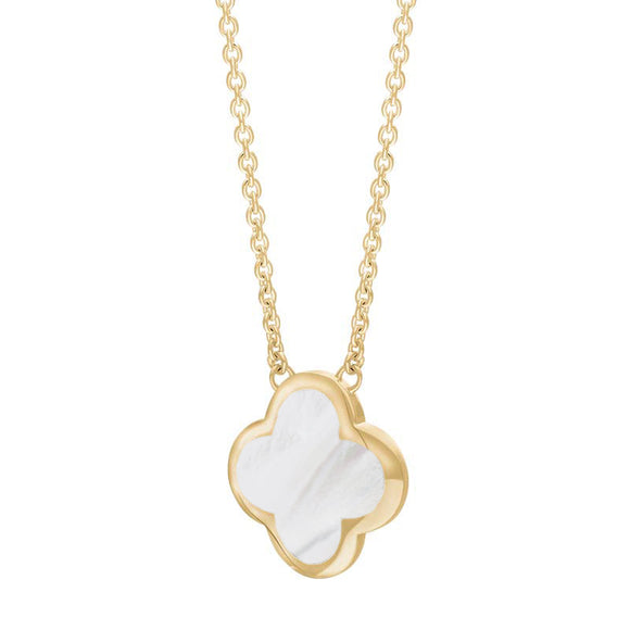 18ct Yellow Gold White Mother of Pearl Bloom Large Four Leaf Clover Polished Edge Pendant