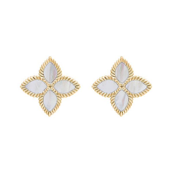 18ct Yellow Gold WHITE MOP Bloom Marquise Flower Stud Earrings