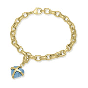 18ct Yellow Gold Aquamarine Small Cross Heart Charm Bracelet, B1209