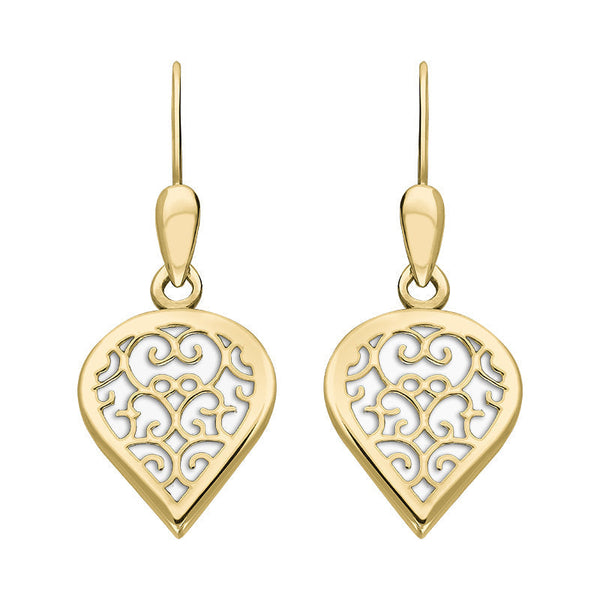 18ct Yellow Gold Bauxite Flore Filigree Heart Drop Earrings. E2588.