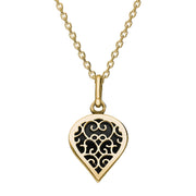 18ct Yellow Gold Whitby Jet Flore Filigree Small Heart Necklace. P3629.