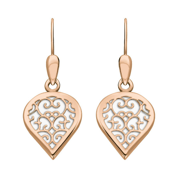 18ct Rose Gold Bauxite Flore Filigree Heart Drop Earrings. E2588.
