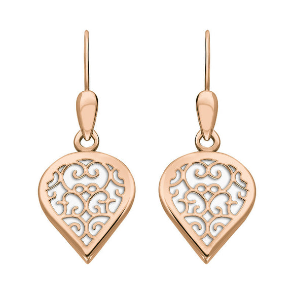 18ct Rose Gold Bauxite Flore Filigree Heart Drop Earrings. E2588.