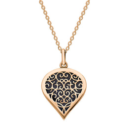18ct Rose Gold Blue Goldstone Flore Filigree Medium Heart Necklace. P3630.