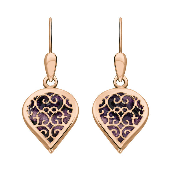 18ct Rose Gold Blue John Flore Filigree Heart Drop Earrings. E2588.