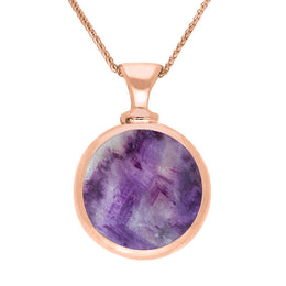 18ct Rose Gold Blue John White Mother Of Pearl Double Sided Round Dinky Fob Necklace, P218.