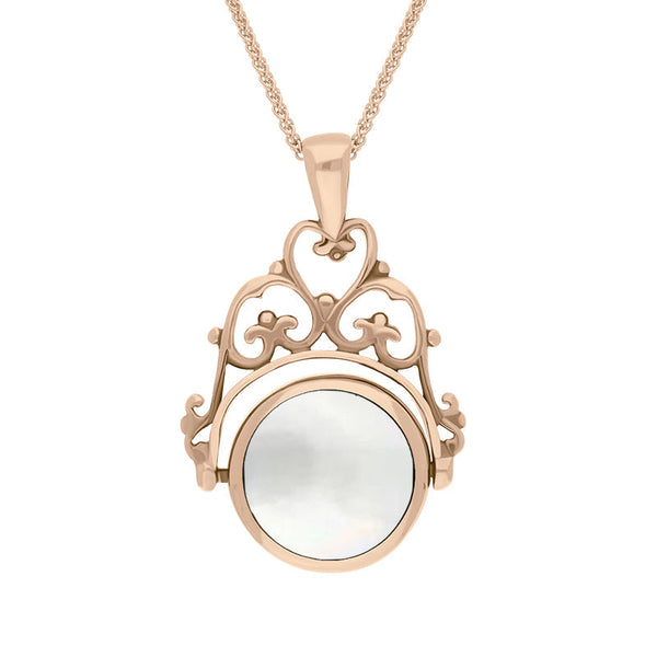 18ct Rose Gold Blue John Mother Of Pearl Double Sided Round Swivel Fob Necklace, P110_2.