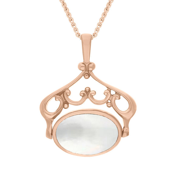 18ct Rose Gold Blue John Mother Of Pearl Ornate Double Sided Oval Swivel Fob Necklace, P116_8_2.