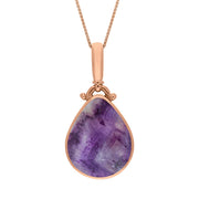 18ct Rose Gold Blue John Whitby Jet Double Sided Pear Fob Necklace, P056_2.