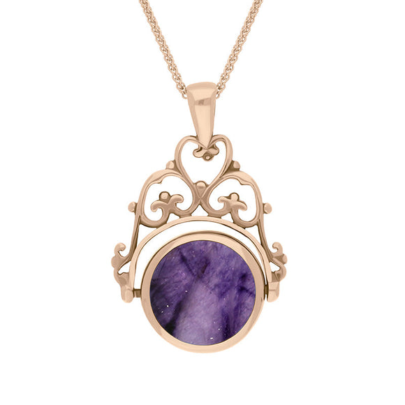 18ct Rose Gold Blue John Whitby Jet Double Sided Round Swivel Fob Necklace, P110_2.