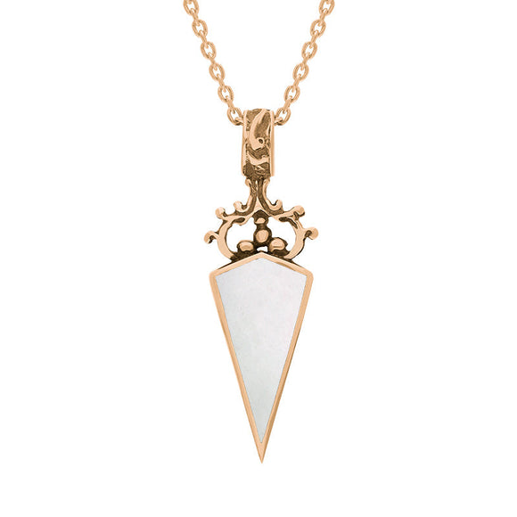 18ct Rose Gold Blue John White Mother Of Pearl Double Sided Scroll Top Dagger Fob Necklace, P423_2.