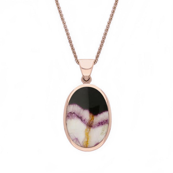 18ct Rose Gold Blue John White Mother Of Pearl Small Double Sided Fob Necklace, P832.