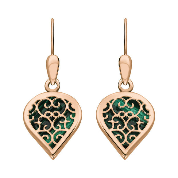18ct Rose Gold Malachite Flore Filigree Heart Drop Earrings. E2588.