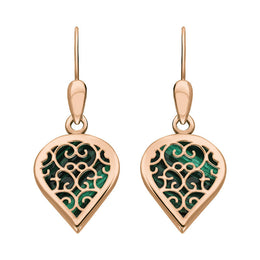 18ct Rose Gold Malachite Flore Filigree Heart Drop Earrings. E2588.