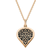 18ct Rose Gold Whitby Jet Flore Filigree Medium Heart Necklace. P3630.