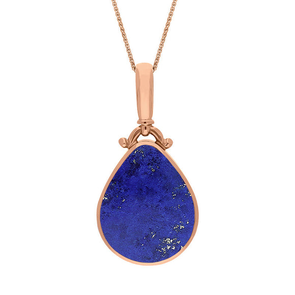 18ct Rose Gold Whitby Jet Lapis Lazuli Double Sided Pear Fob Necklace, P056.