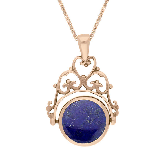 18ct Rose Gold Whitby Jet Lapis Lazuli Double Sided Round Swivel Fob Necklace, P110_2.