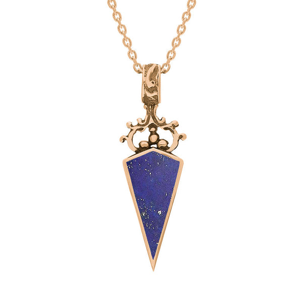 18ct Rose Gold Whitby Jet Lapis Lazuli Double Sided Scroll Top Dagger Fob Necklace, P423.