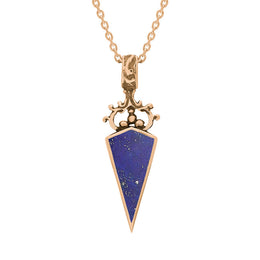 18ct Rose Gold Whitby Jet Lapis Lazuli Double Sided Scroll Top Dagger Fob Necklace, P423.
