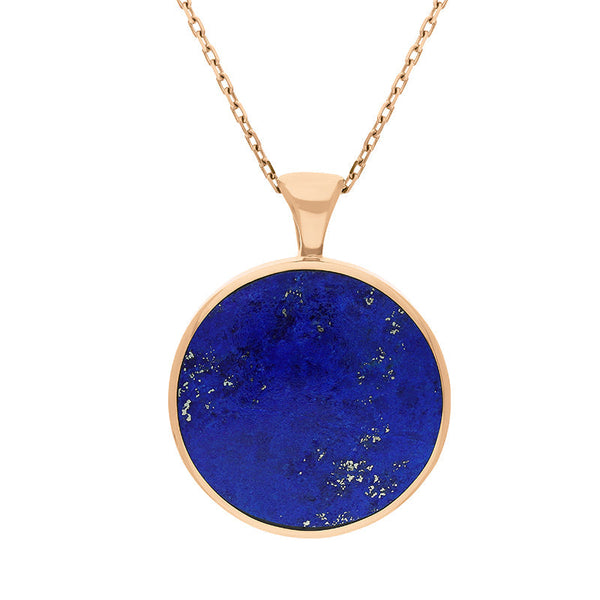 18ct Rose Gold Whitby Jet Lapis Lazuli Large Double Sided Round Fob Necklace, P012.