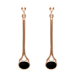 18ct Rose Gold Whitby Jet Long Drop Earrings. E094.