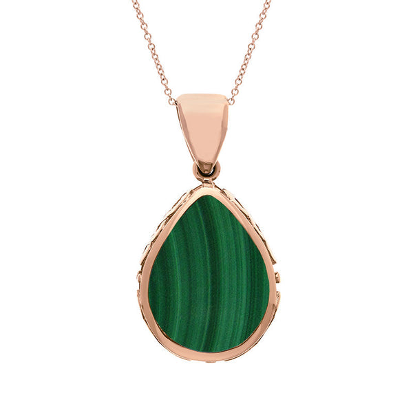 18ct Rose Gold Whitby Jet Malachite Double Sided Celtic Edge Pear Cut Fob Necklace, P410.