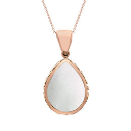 18ct Rose Gold Whitby Jet White Mother Of Pearl Double Sided Celtic Edge Pear Cut Fob Necklace, P410.