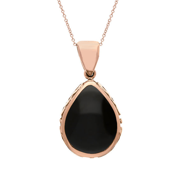 18ct Rose Gold Whitby Jet White Mother Of Pearl Double Sided Celtic Edge Pear Cut Fob Necklace, P410_2.