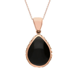 18ct Rose Gold Whitby Jet White Mother Of Pearl Double Sided Celtic Edge Pear Cut Fob Necklace, P410_2.