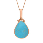 18ct Rose Gold Whitby Jet Turquoise Double Sided Pear Fob Necklace, P056.
