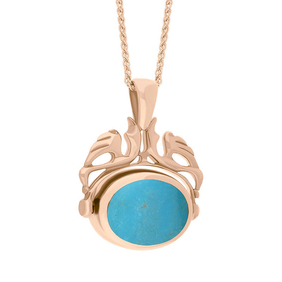 18ct Rose Gold Whitby Jet Turquoise Double Sided Oval Swivel Fob Necklace, P104_4_3.