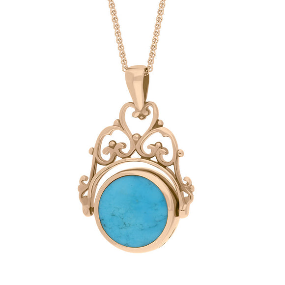 18ct Rose Gold Whitby Jet Turquoise Double Sided Round Swivel Fob Necklace, P110_2_3.