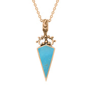 18ct Rose Gold Whitby Jet Turquoise Double Sided Scroll Top Dagger Fob Necklace, P423.