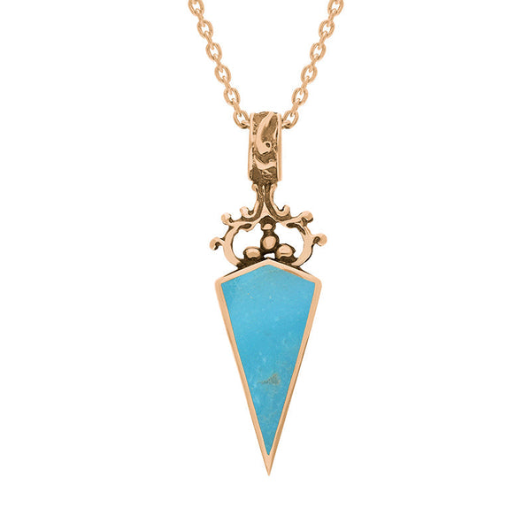18ct Rose Gold Whitby Jet Turquoise Double Sided Scroll Top Dagger Fob Necklace, P423.