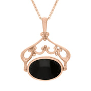 18ct Rose Gold Whitby Jet Turquoise Ornate Double Sided Oval Swivel Fob Necklace, P116_8_2.