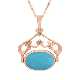 18ct Rose Gold Whitby Jet Turquoise Ornate Double Sided Oval Swivel Fob Necklace, P116_8.
