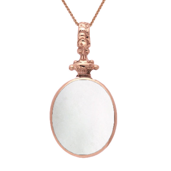 18ct Rose Gold Whitby Jet White Mother Of Pearl Double Sided Oval Fob Necklace, P100.
