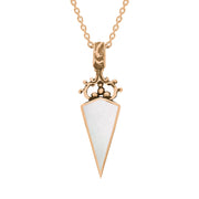 18ct Rose Gold Whitby Jet White Mother Of Pearl Double Sided Scroll Top Dagger Fob Necklace, P423.