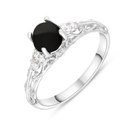 18ct White Gold Whitby Jet Diamond 0.18ct Ornate Claw Set Ring, R1274.