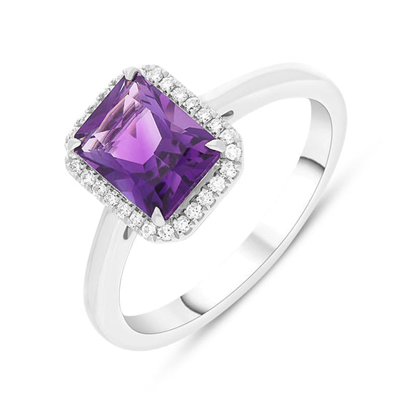 18ct White Gold Amethyst Diamond Emerald Cut Cluster Ring TVN-404