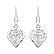 18ct White Gold Bauxite Flore Filigree Heart Drop Earrings. E2588.