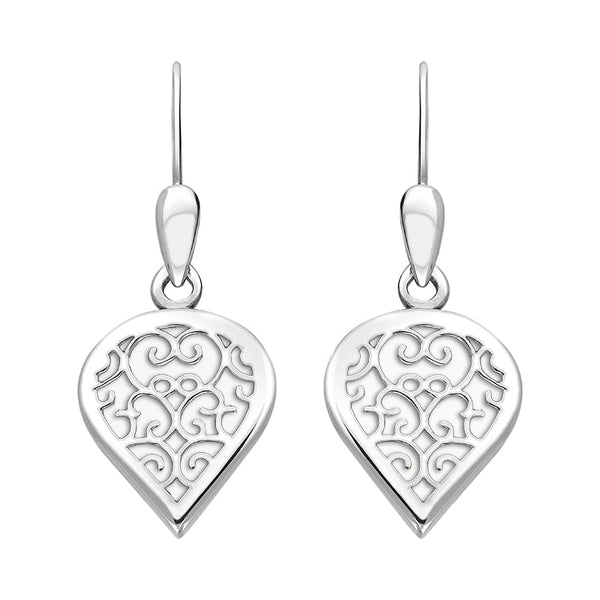 18ct White Gold Bauxite Flore Filigree Heart Drop Earrings. E2588.