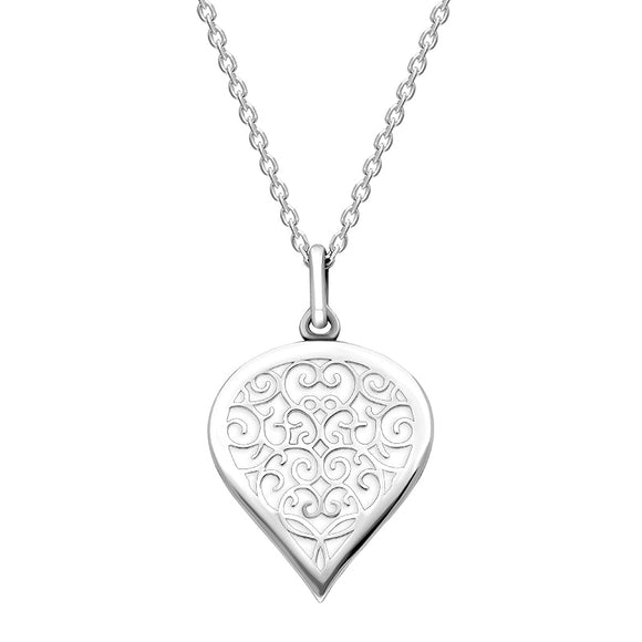 18ct White Gold Bauxite Flore Filigree Medium Heart Necklace. P3630.