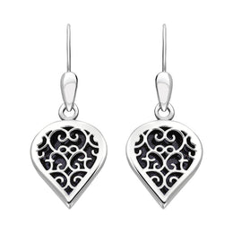18ct White Gold Blue Goldstone Flore Filigree Heart Drop Earrings. E2588.