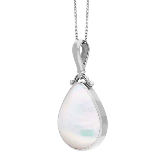 18ct White Gold Blue John Mother of Pearl Double Sided Pear Fob Necklace, P056_3.