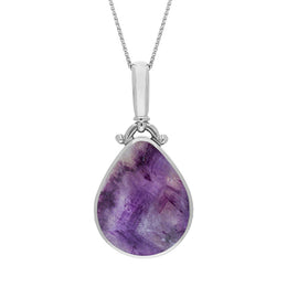 18ct White Gold Blue John Mother of Pearl Double Sided Pear Fob Necklace, P056.