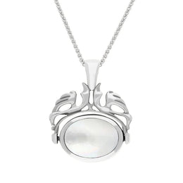 18ct White Gold Blue John Mother Of Pearl Double Sided Oval Swivel Fob Necklace