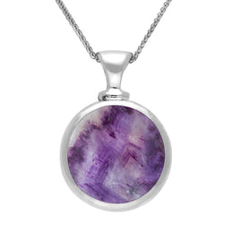 18ct White Gold Blue John White Mother Of Pearl Double Sided Round Dinky Fob Necklace, P218.