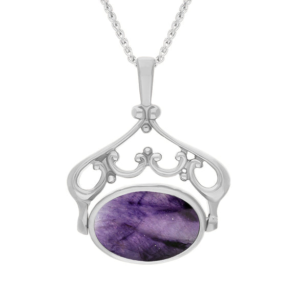 18ct White Gold Blue John Whitby Jet Ornate Double Sided Oval Swivel Fob Necklace, P116_8_2.